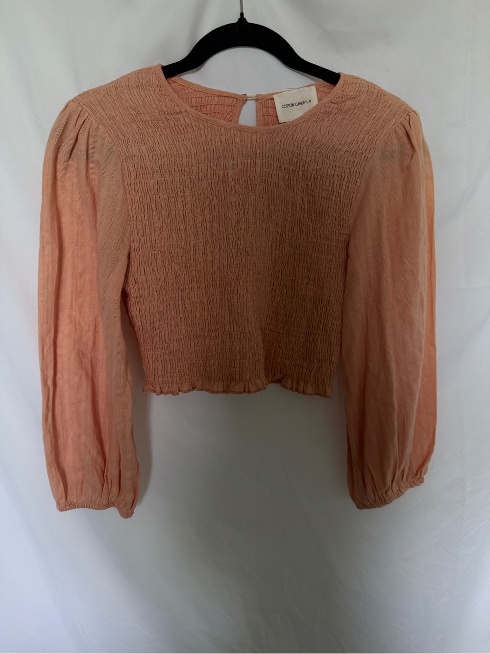Cotton Candy Coral Smocked Long-Sleeve Crop Top